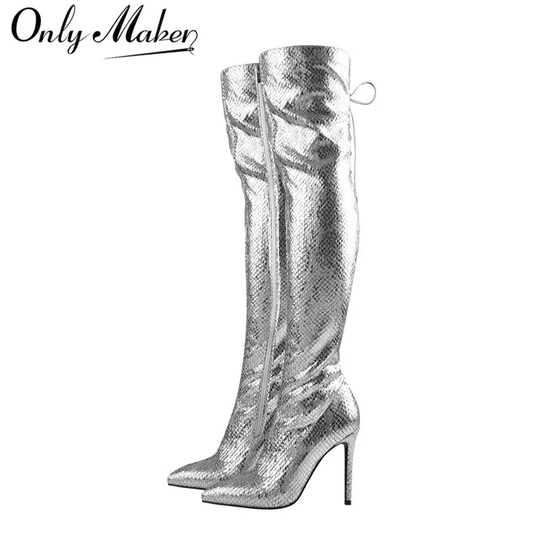 Onlymaker Women Pointed Toe Metallic Silver Over the Knee Boots Thin High Heel  Slim Heel  Side Zip Glitter Fashion Long Boots