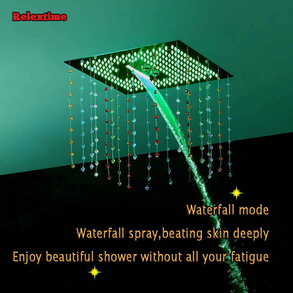 Crystal Pendant Wall Mounted LED Ceiling Shower Head Polished Chrome Big Rain Shower Faucet Concealed Bath Shower Set Handshower