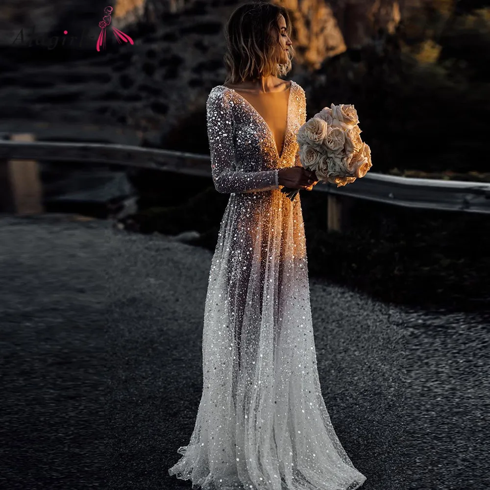 Sexy Illusion Boho Wedding Dress A-Line V-Neck Sleeves Wedding Dresses Backless Beach Bridal Gowns Sequined Beading Beach 2023