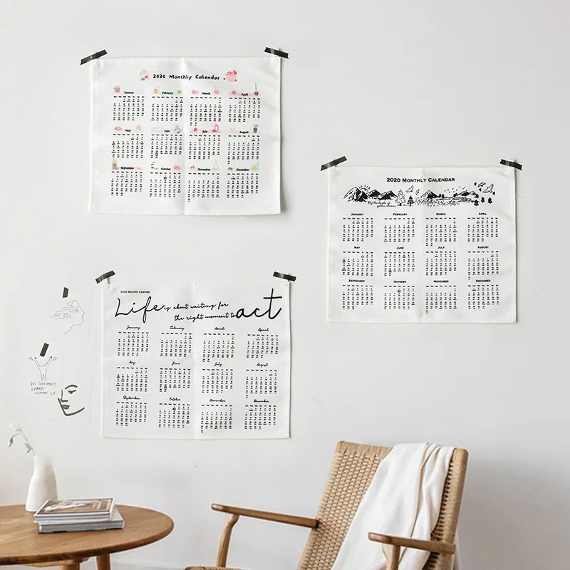 2020 Simple Wall Calendar Tapestry Wall Door White Calendar Hanging Cotton Linen Creative Decoration School Office Tapestry