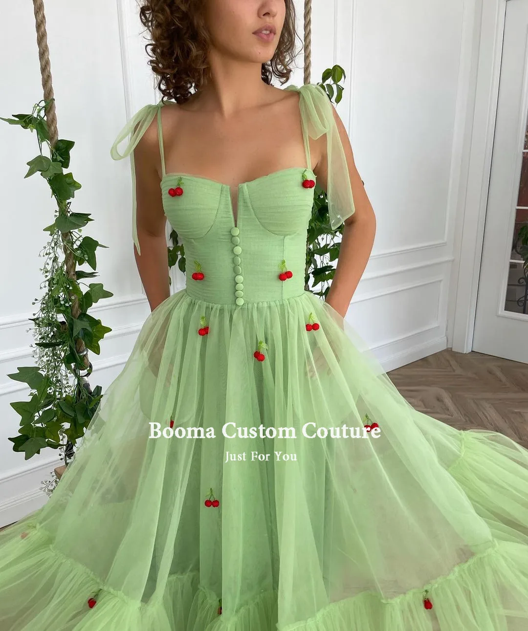 Booma Groen Cherry Midi Prom Jurken Boog Bandjes Zakken Thee-Lengte Wedding Party Jurken Plisse Tulle A-lijn Formele Gowns