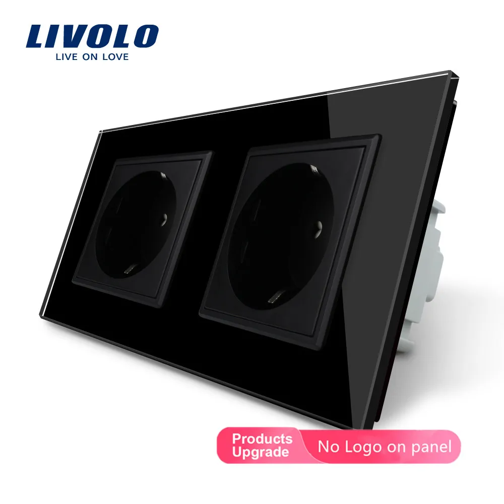 Livolo Manufacturer, Livolo EU Standard Wall Power Socket, Black Crystal Glass Panel, AC110~250V 16A Wall Outlet VL-C7C2EU-12