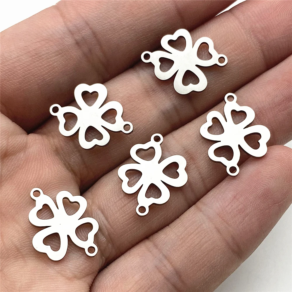 10pcs Mixed 12Types Fashion Tree Flower Charms Connectors Plants Bracelet Clover 100% Stainless Steel Pendant Diy Jewelry Making