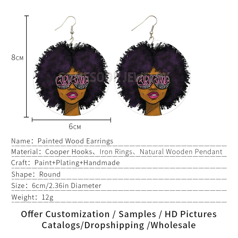 SOMESOOR Black Girl GANG Afro Curly Hair Wooden Drop Earrings Double Sides Print African Dope Wood Dangle Jewelry For Women Gift