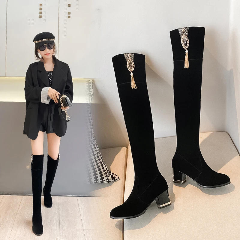 

Nice Suede Over The Knee Boots Women Square High Heel Stretch Boots Zipper Autumn Winter Ladies Shoes Black Pop