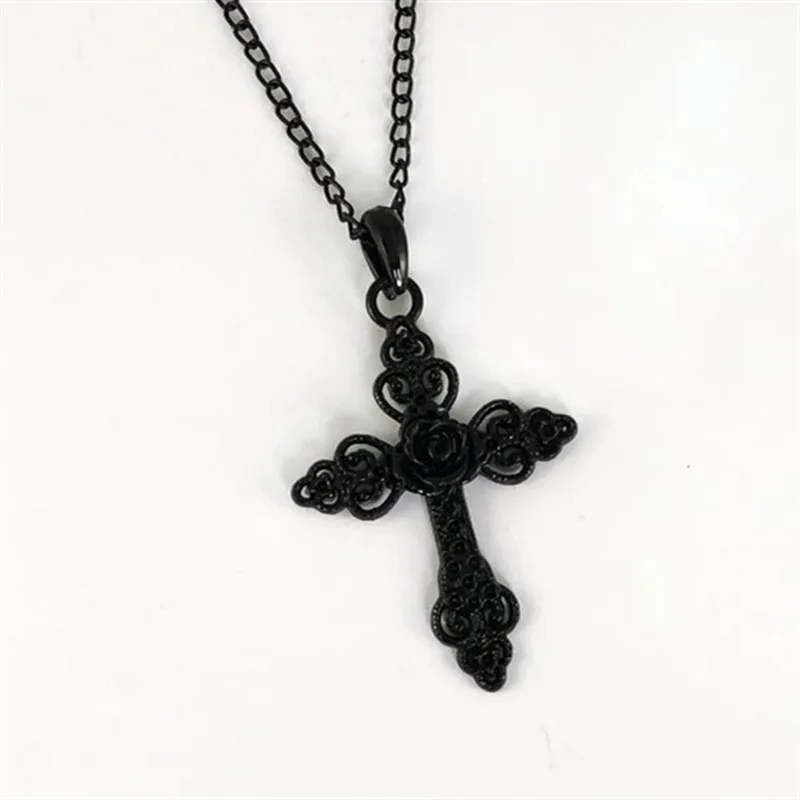 Black Gothic Cross Necklace with Rose Detail Trad Jewelry Ornate Cross Pendant Gift women fashion delicacy 2020 new beautiful