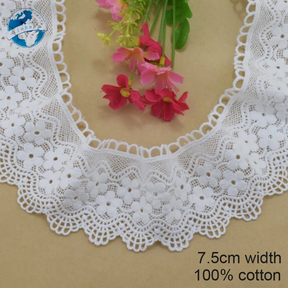 7.5cm White 100% Cotton Embroidery Lace French Ribbon Fabric Guipure Diy Dolls Trims Warp Knitting Sewing Accessories#4004