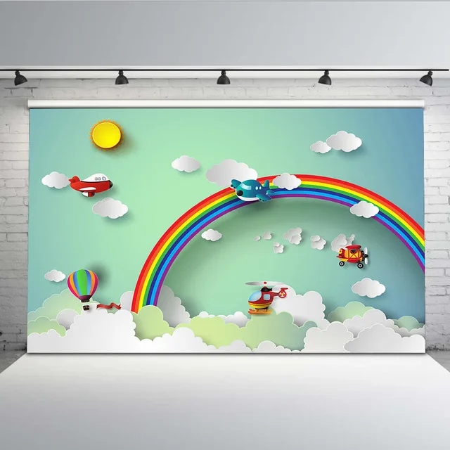 Mehofoto Vinyl Cartoon Rainbow Bird Cloud Sun Backdrop for Photography Background White Cloud for Newborn Children Booth Studio