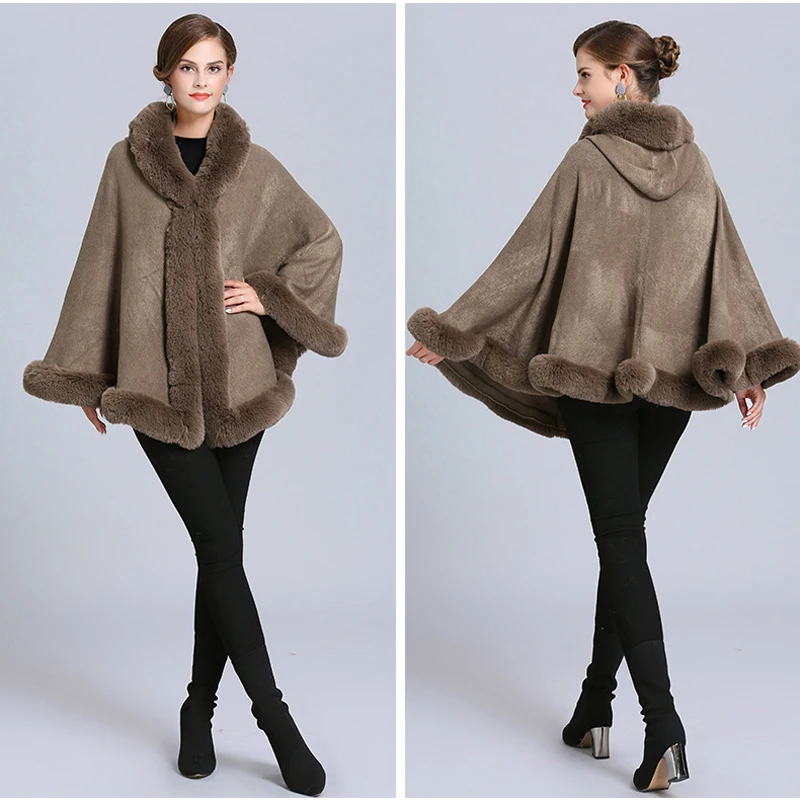 Fashion Loose Soft Faux Rex Rabbit Fur Poncho Shawl Hooded Outwear Women Knit Cardigan Cape Winter Bright Yarn Cloak Wraps