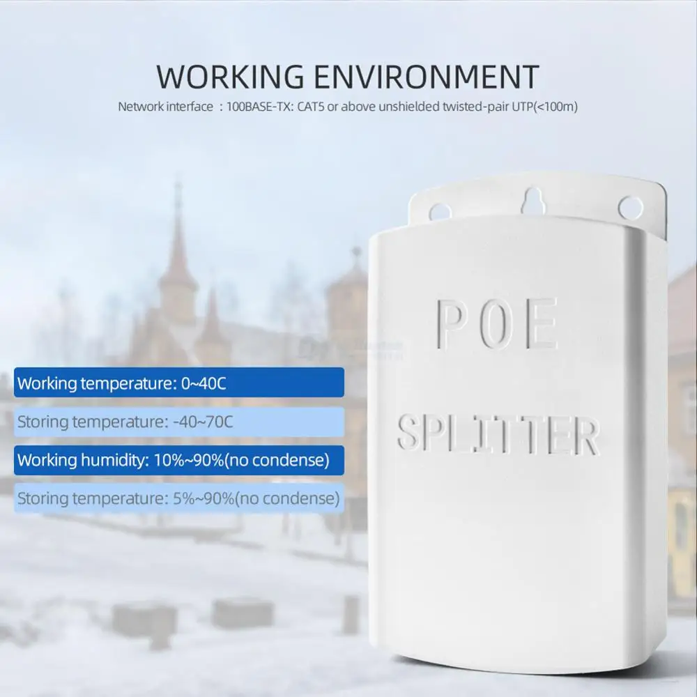 Divisor PoE para exteriores, 10/100M, IEEE 802.3af/at estándar, 12V, 2A de salida y DC44-57V de 0,65a, 30W de potencia de entrada sobre receptor