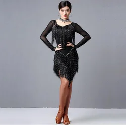 Women Dance Wear Ballroom Dress Samba Costume Party Dresses Sheer Mesh Stretchy Fringes Latin Dress