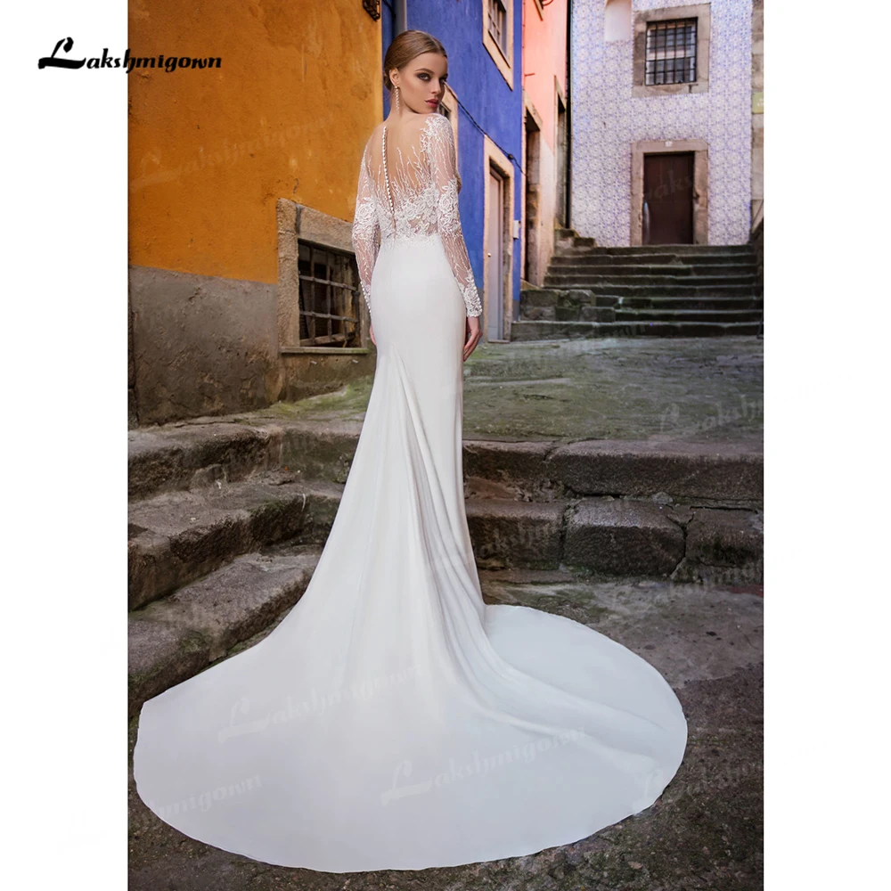 Luxury White Mermaid Wedding Dresses Soft Satin Beach Bridal Gowns with Long Sleeves Vintage 2021 Bride Dress Robe de mariage