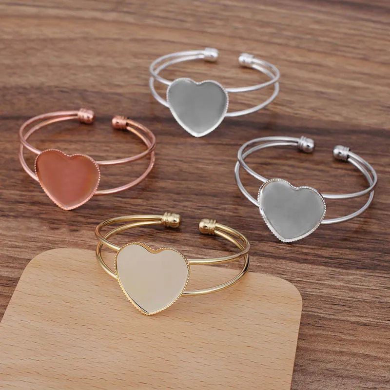 

10pcs Silver Gold Plated DIY Bangle Bracelet with 25mm Heart Bezel Glass Cameo Base Blanks Open cuff Bracelet Settings for Women