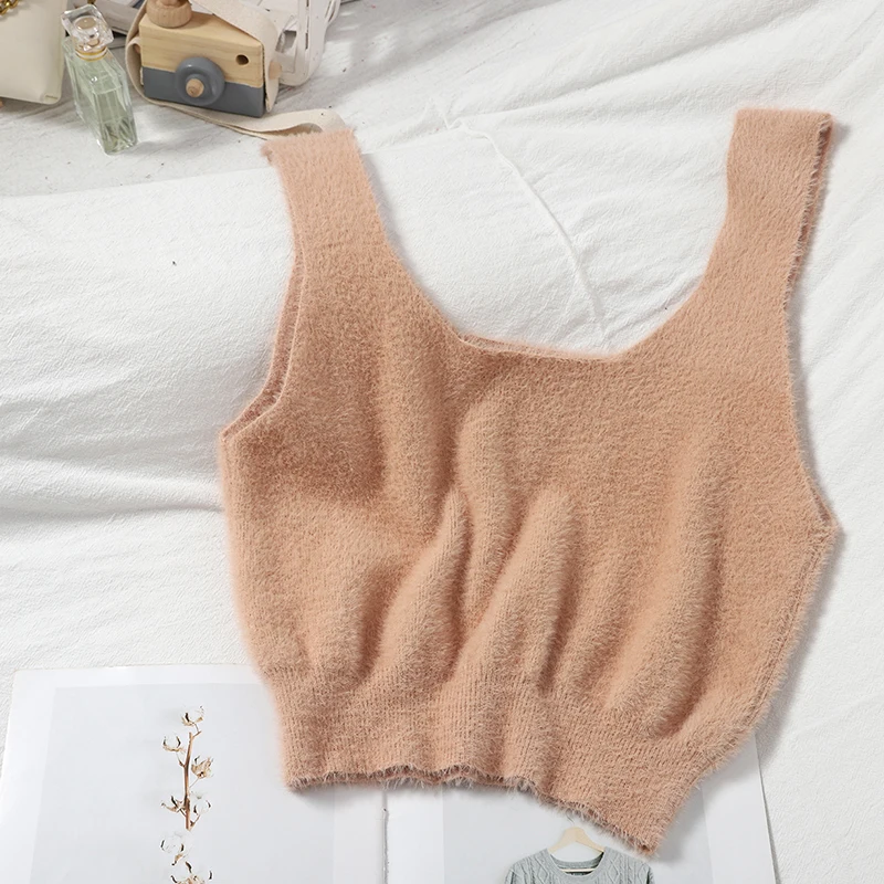 Pearl Diary Women Spring Fuzzy Knitted Soft Tank Tops U Neck Solid Color Sexy Cashmere Sleeveless Casual Cropped Top New Styles