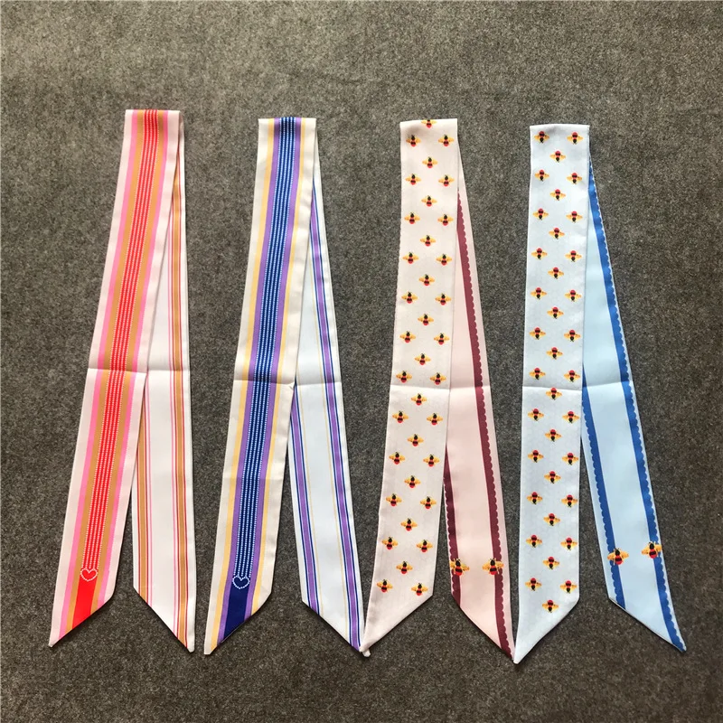 Bag Scarfs New Brand Little Bee Double Sided Print 5*100cm Small Silk Scarves for Women Print Head Scarf Handle Bag Ribbons