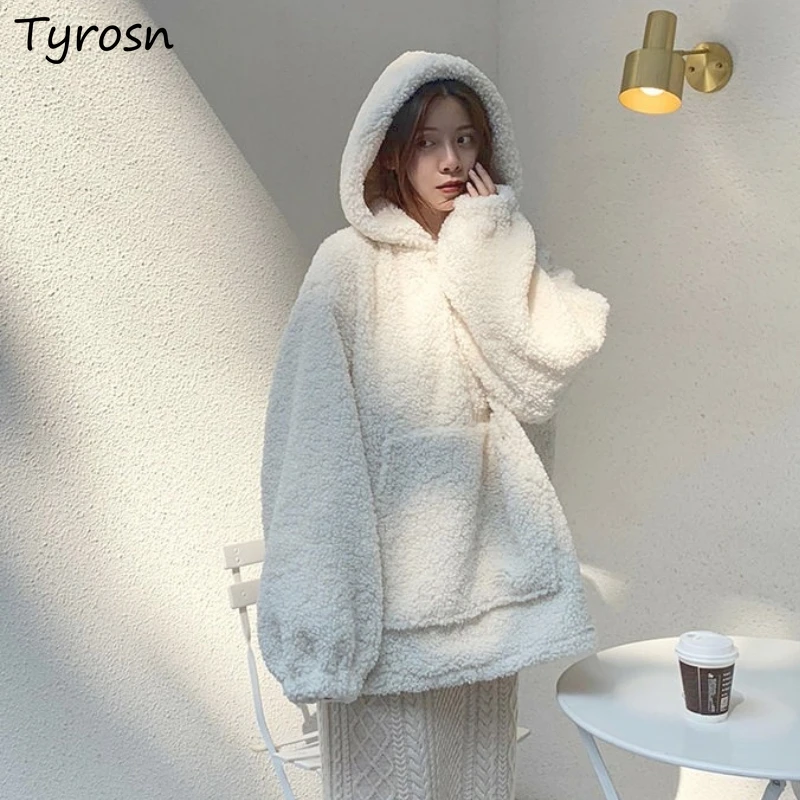 Fluffy Hooded Sweatshirts Winter Coat All Match Solid Lambswool Stylish Fashion Vintage Loose Kawaii Hoodies ThickeningFleece