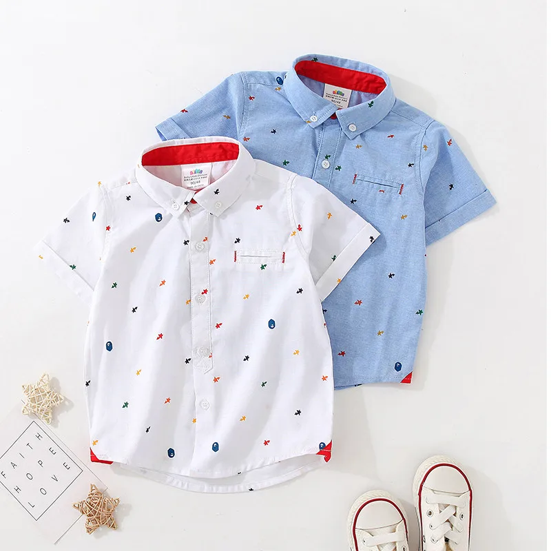 2024 England Style 2 3 4 5 6 8 10 Years Baby Summer Clothes Cotton Clothing Pocket Cartoon Print Short Sleeve Shirt For Kids Boy