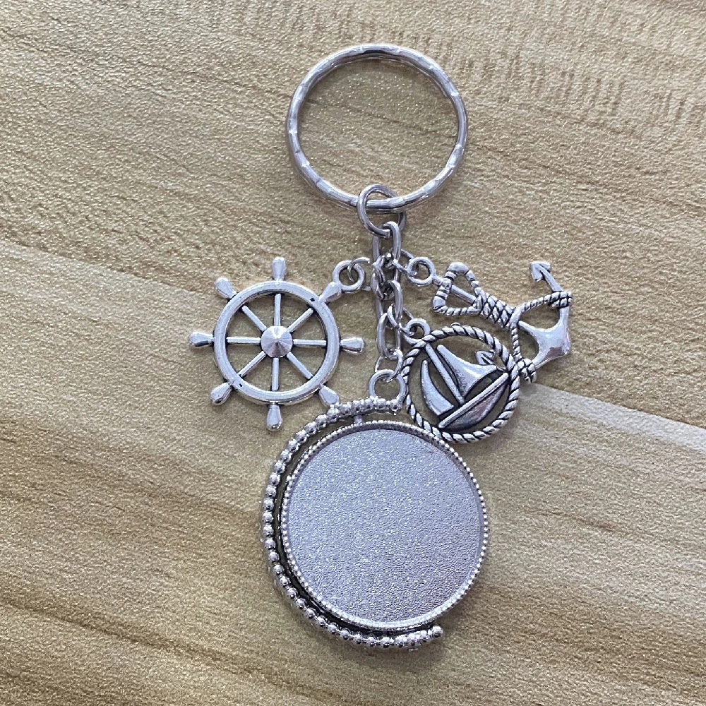 1piece Rotatable Fit 2Sides 25mm Family Photo Safe Wishes Sailor Keychain Seaman Sailboat Anchor Rudder Compass Diy Keyring