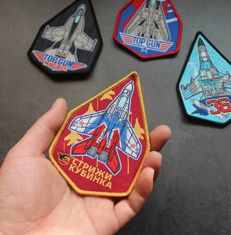 TOP GUN F18 F14 Fighter Embroidery Patches SU27 MIG 29 Boom H-6K J20 J15 Outdoor Tactics Badge Russian Flying Armband for Bag