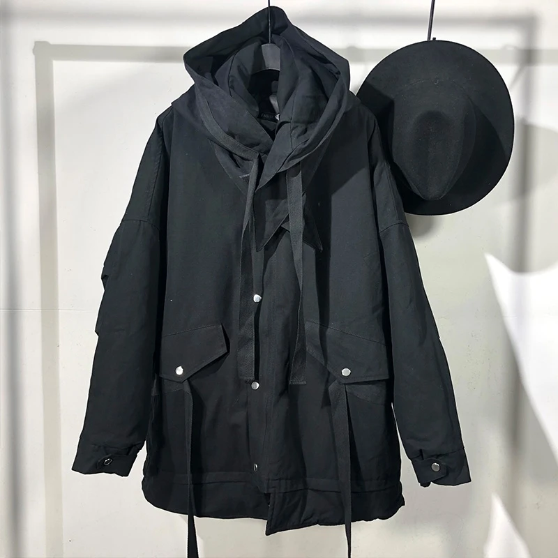 Owen seak homens jaqueta de algodão estilo gótico roupas masculinas inverno neve zíper de rua alta sólida oversized preto casaco