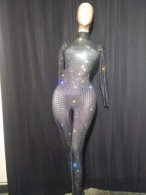 Club  Rhinestone Women long sleeve Jumpsuit Party Tight Fitting Black Rompers Singer Stage Show Wear