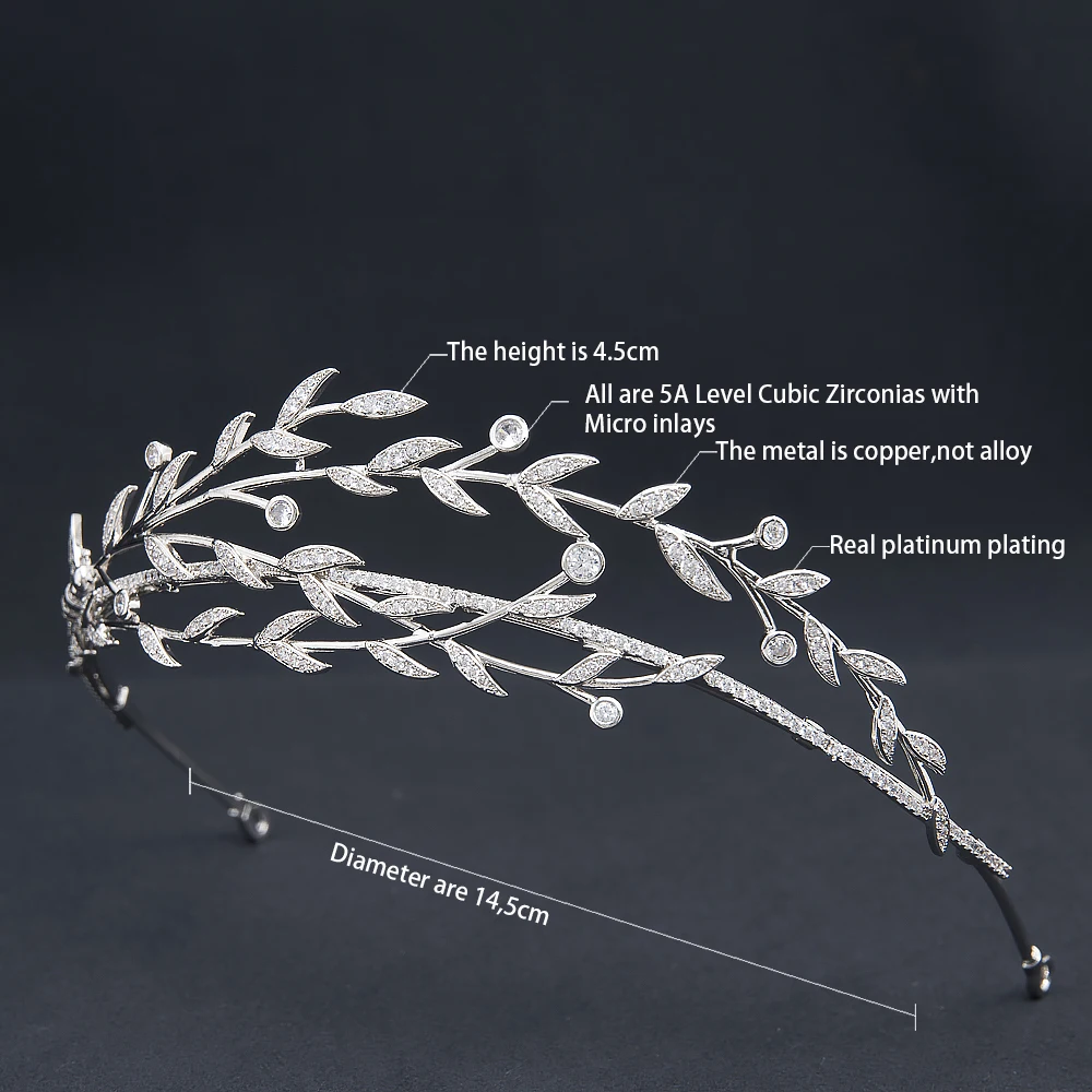 CZ Cubic Zirconia Olive branch Tiara for Wedding,Leaves Headband for Girl,Prom,Party Headpiece CH10397