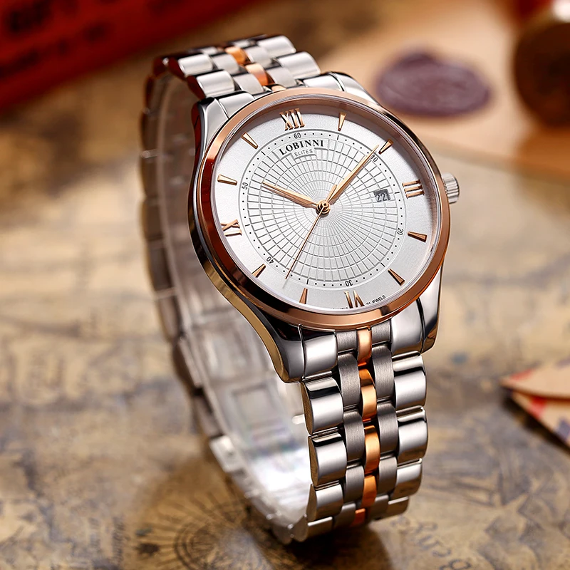 LOBINNI ผู้ชายหรูหรานาฬิกา Mens นาฬิกาอัตโนมัตินาฬิกาข้อมือ 50M กันน้ําสวิตเซอร์แลนด์ Sapphire สายเหล็ก