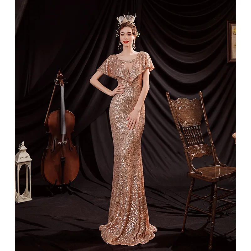 Beauti-emily – robe longue de forme sirène pour femme, tenue de soirée élégante, col en V, en paillettes, tenue de bal, été, 2021