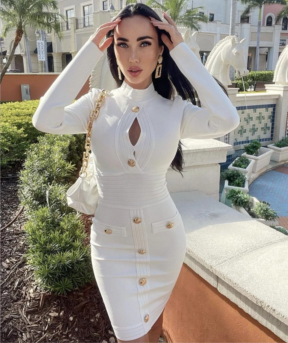 Women Sexy Designer Long Sleeve Keyhole Button White Black Bandage Dress 2022 Ladies Elegant Brown Bodycon Party Dress Vestido