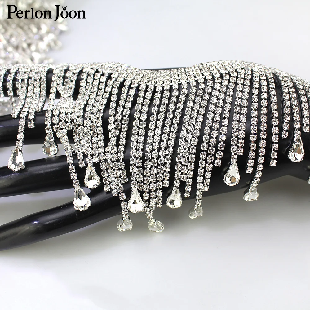 Hot sale good quality silver plating DIY fringe chain AB rhinestone Water drop tassel trim sew on crystal glass decoration ML124