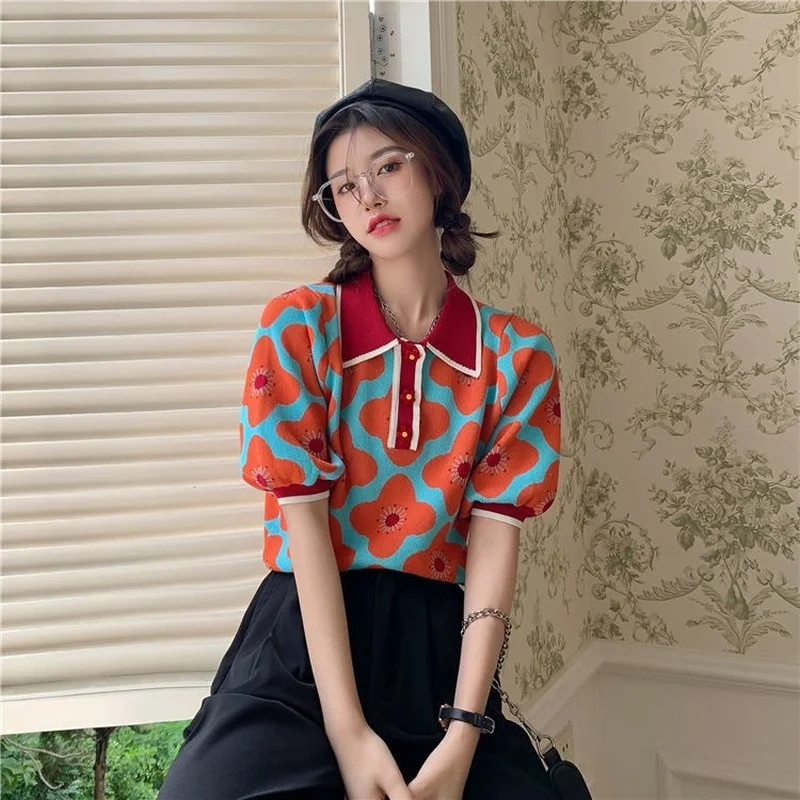 T-shirts Women Summer Vintage Panelled Floral Lovely Knitted Ladies Fashion Puff Sleeve Baggy Crop Tops Cute Flower Buttons Cozy