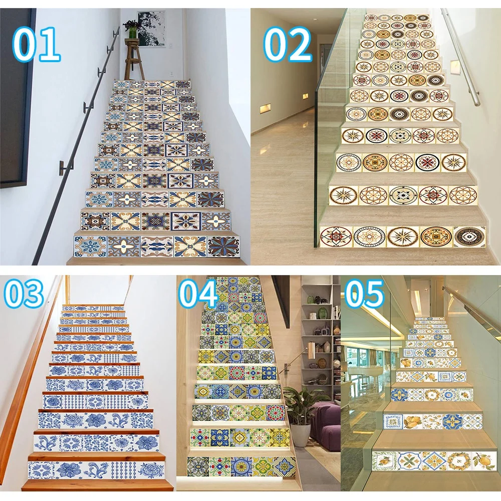 13PCS Turkish Ceramic Tile Mural Removable PVC Vintage Staircase Riser Wall DIY Decoration Waterproof Stairs Steps Stickers