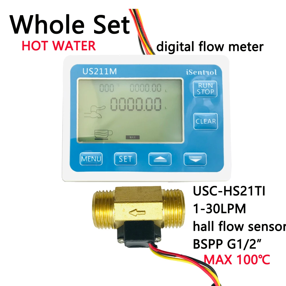 

Hot Water 100℃ US211M Water Flow Meter Digital Hall Water Flow Sensor Reader with Brass USC-HS21TI 1-30L/min flowmeter turbine