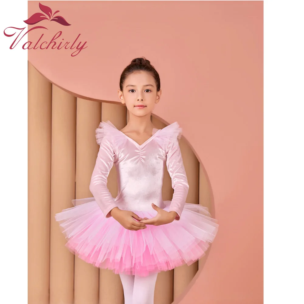 Kids Gorgeous Ballet Long-Sleeved Velvet Dance Clothes Practice Jumpsuits Girls TUTU Skirts for Girls