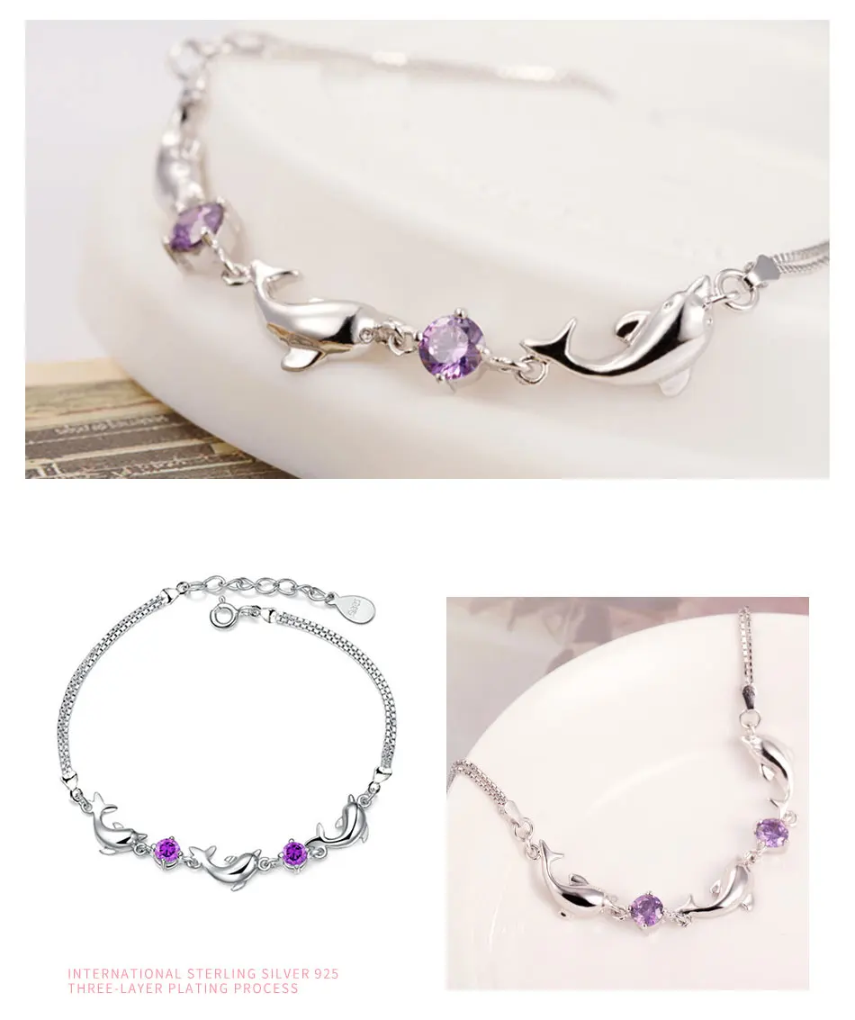 ZDADAN 925 Sterling Silber Kleiner Delfin Amethyst Charm Armband Kette für Damen Mode Party Schmuck Geschenk – Detail 4