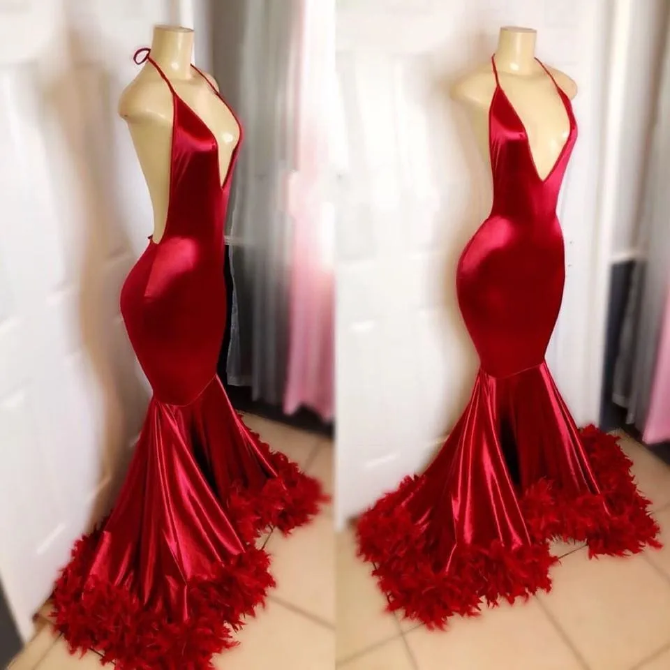 Customized 2025 Sexy Red Plunging V Neck African Prom Dresses Feather Open Back Sweep Train Plus Size Formal Evening Gowns