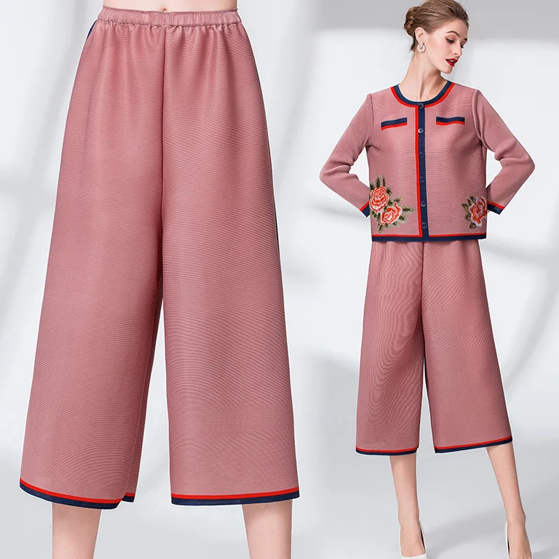

2021 autumn loose thin straight pants miyake pleated side contrast high-waisted wide-leg casual basic thin pants for woman