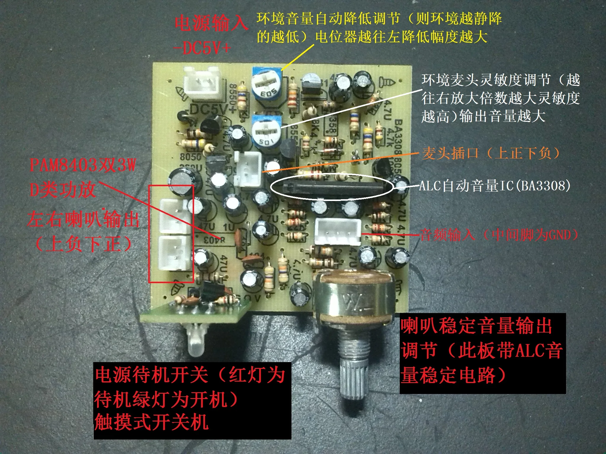 Dual 3W Power Amplifier Board กับ ALC ปริมาณเครื่องขยายเสียงบอร์ดสิ่งแวดล้อมเสียงรบกวนการตรวจจับอัตโนมัติ Volume