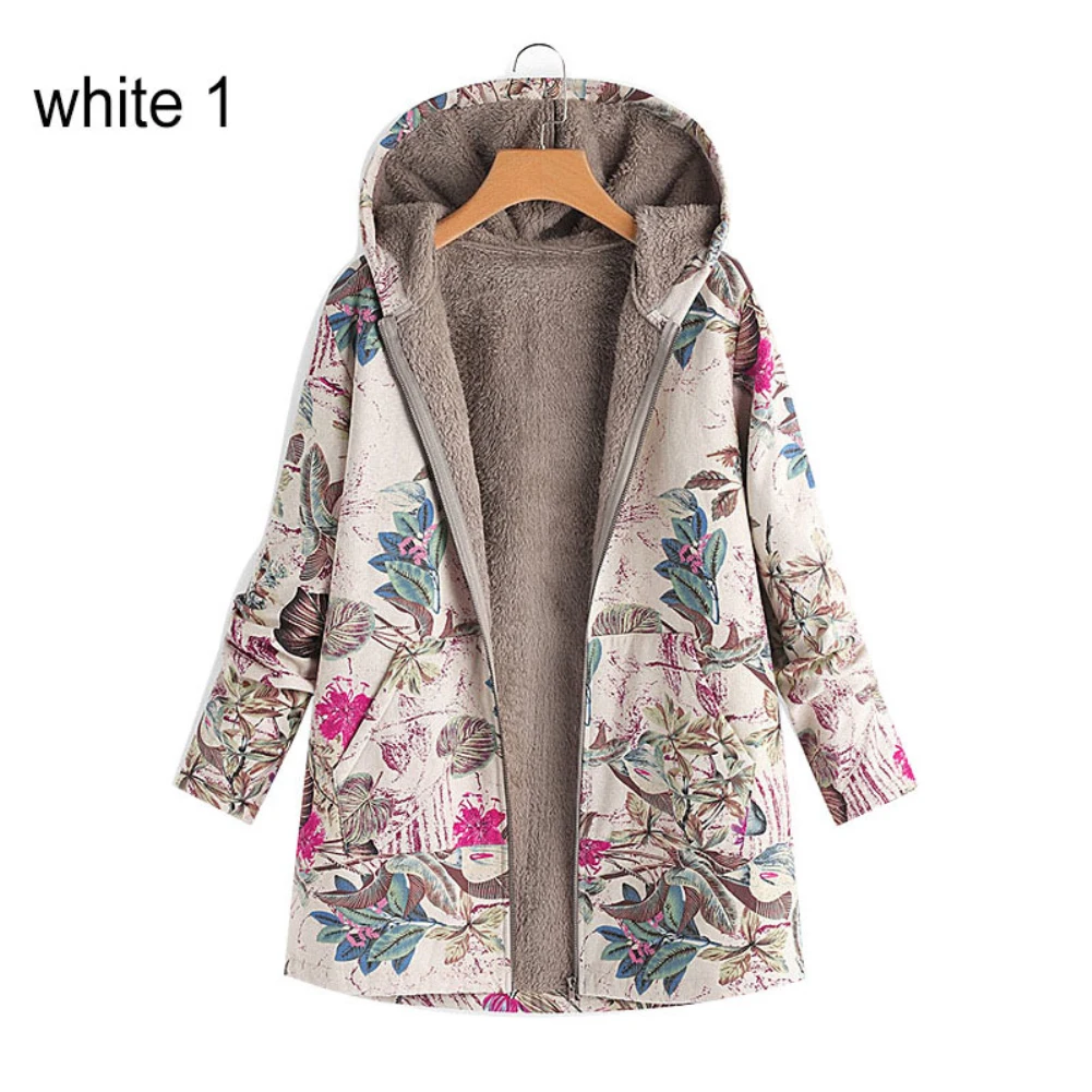 Flower Leaf Printed Women Autumn Winter Warm Hooded  Coat Zipper Overcoat