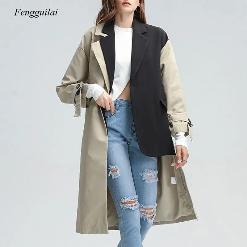 2021 Autumn Fashion New Design Suit Patchwork Hit Color Windbreaker for Women Loose Long Coat Overknee