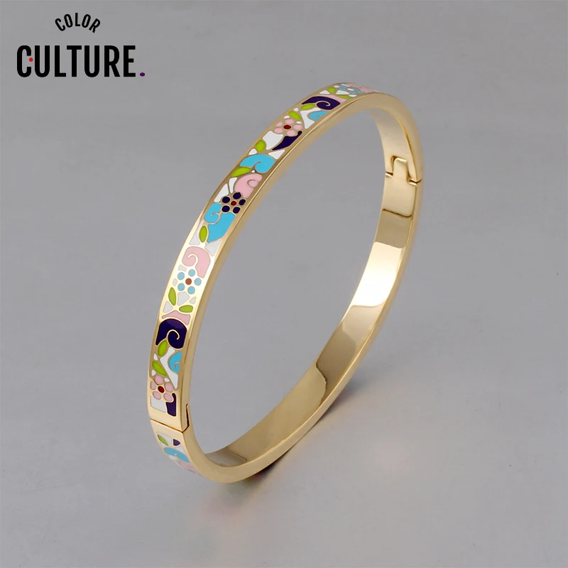 Bangles for Women Cuff Fashion 0.6mm Width Ethnic Colorful Flower Pattern Enamel Jewelry