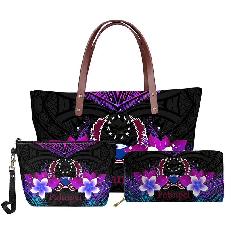 

3pcs Pohnpei Women's Bag Handbag Set Tribal Flower Hibiscus Luxury Designer Handbag for Women Purses and Beach Clutch Bolsas