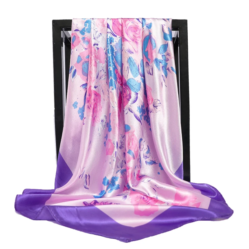 Fashion Floral Print Kerchief Silk Satin Hair Scarf For Women Square Shawls and Wraps 90*90cm 2019 Winter Neck Scarves For Lady