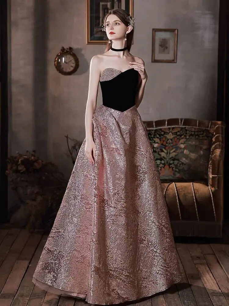 

Rose Pink Sexy Evening Dresses Sweetheart Shiny Black Velvet Stitching A-Line Ceremony Banquet Celebrity Prom Gowns Strapless