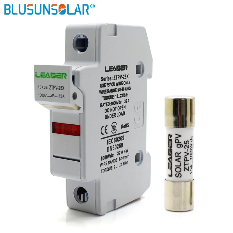 

Fress Shipping Cost 1 Set PV Solar Fuse 1A-32A 1000V DC Fusible 10x38 gPV, With LED Fuse Holder For PV System Protection