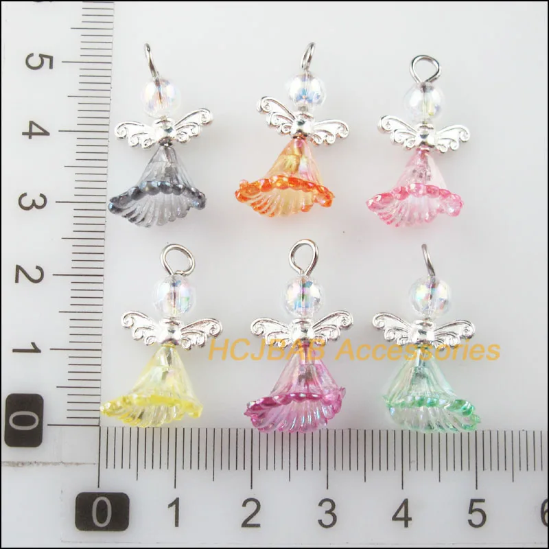 24New Dancing Angel Charms Silver Plated Wings Mixed Flower Pendants 14x24mm