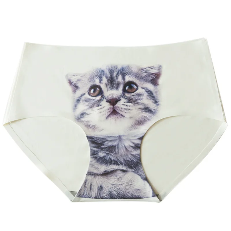 Briefs Women\'s Cat Panties Ice Silk Seamless Anti Emptied Meow Cat Print Realistic Pussy Female Cat Underwear