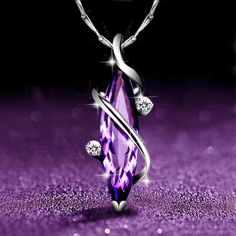 Huitan Purple Cubic Zirconia Pendant Necklace for Women Silver Color Chain Fashion Elegant Lady's Accessories Party 2021 Jewelry