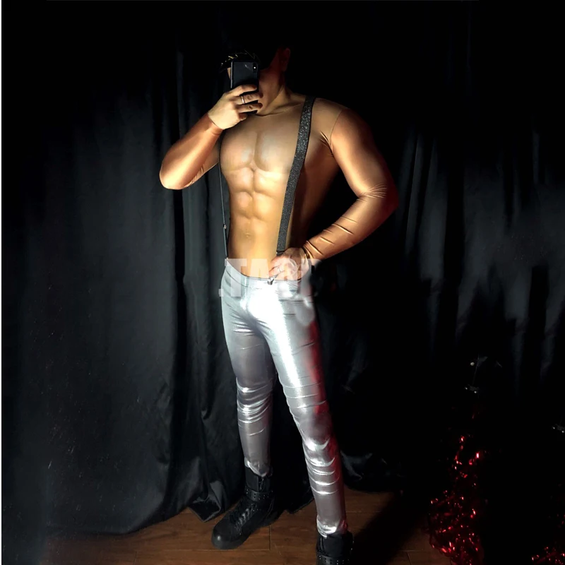 Tech Style Silver Party Jazz Suit Male Sexy Gogo Costume Rave Outfit Nightclub Stage Performance Wear Festival Clothing XS2574