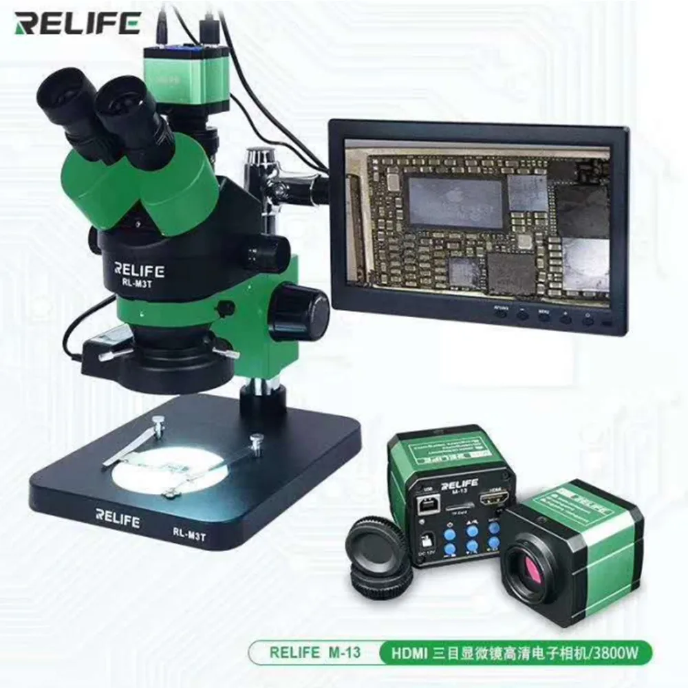 RELIFE RL-M3T-B1 Trinocular Microscope With 10.1 Screen 0.7-4.5X Continuous Zoom For Mobile Phone PCB Repair Electronic Device